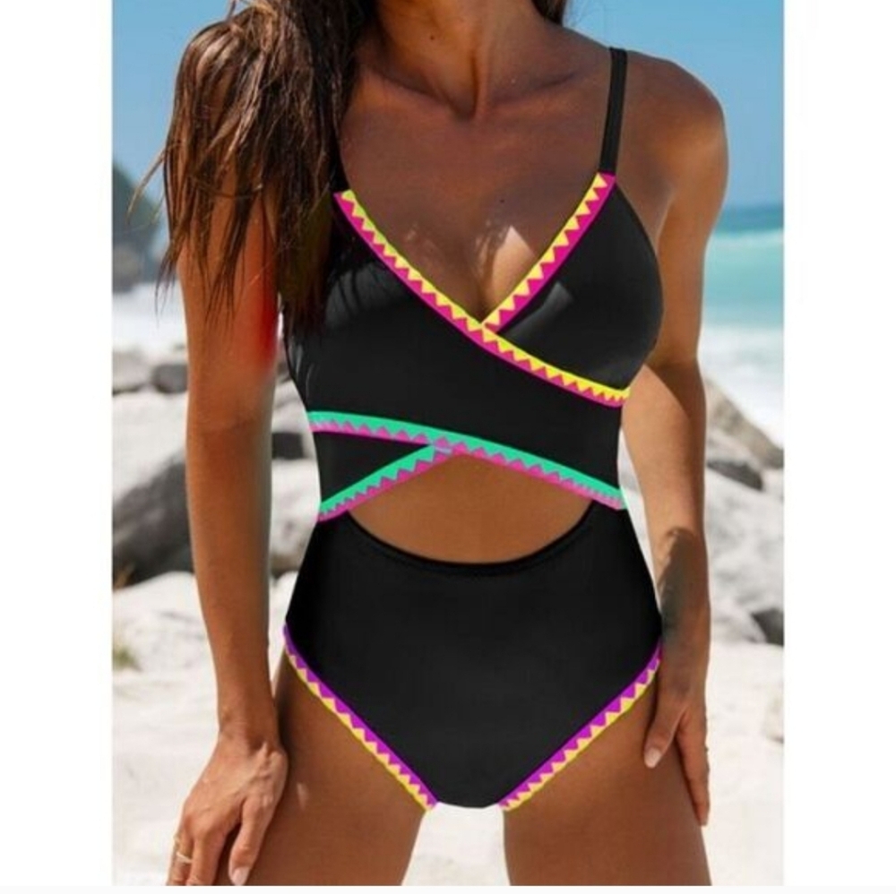 Black and Multicolor Women Swim One Piece